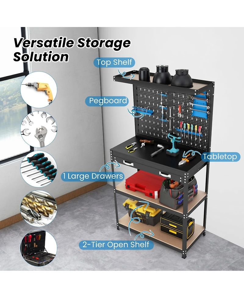 Sugift Tool Storage Workbench with Pegboard with 14 Hanging Accessories for Garage-Black and Blue