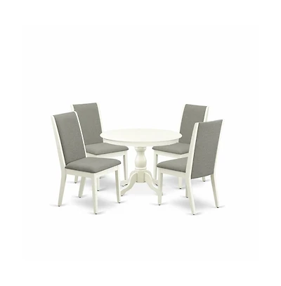 5 Piece Modern Dining Table Set - Linen White Breakfast Table and 4 Shitake Linen Fabric Modern Dining Chairs with High Back - Linen White Finish
