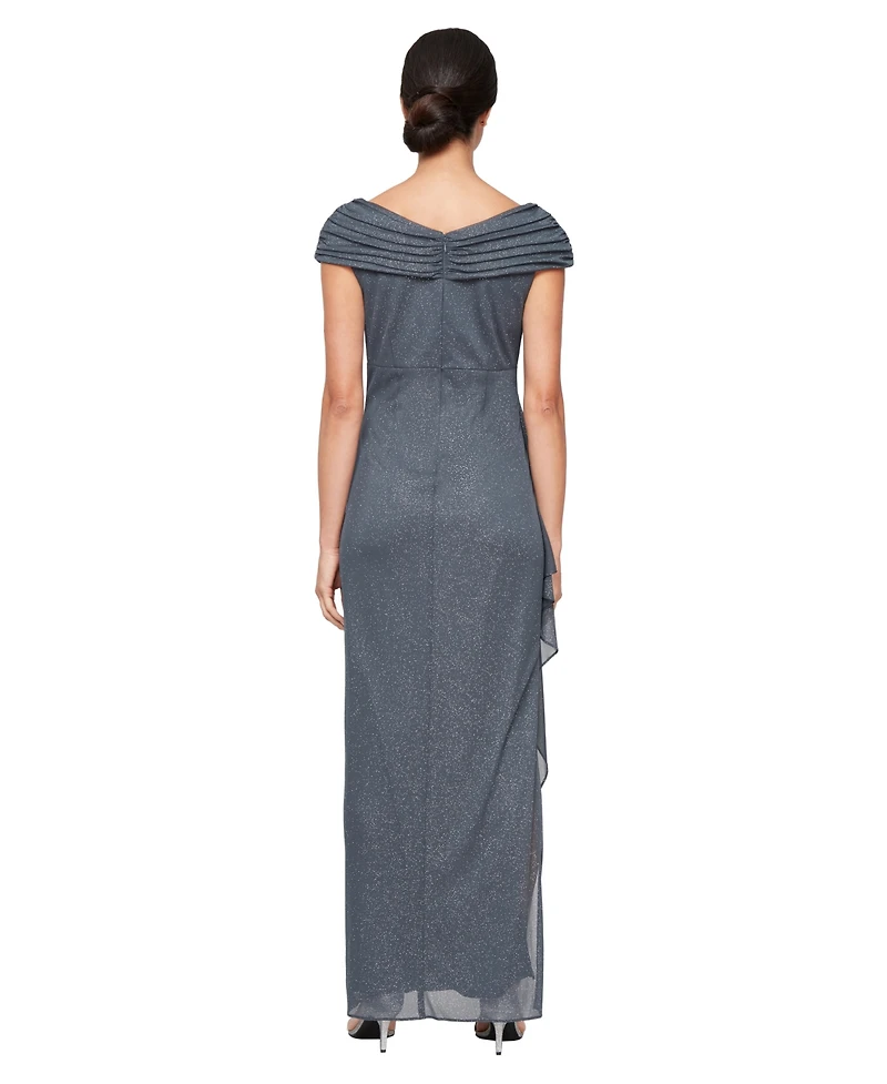 Alex Evenings Petite L-Neck Glitter-Mesh Long Dress