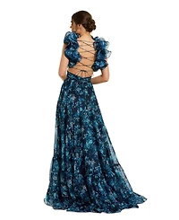 Mac Duggal Women's Pleated High Neck Raglan Long Sleeve Side Slit Gown