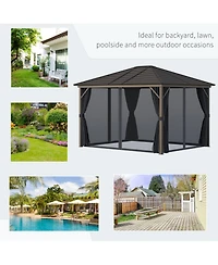 Outsunny 10'x12' Hardtop Gazebo, Mesh, Curtains, Steel Slat Canopy, Dark