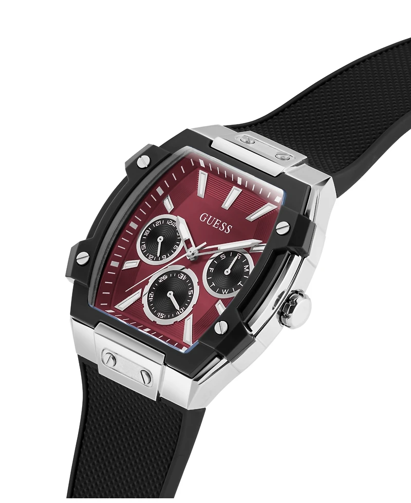 Guess Men's Silver-Tone Black Silicone Multi-Function Watch, 44mm