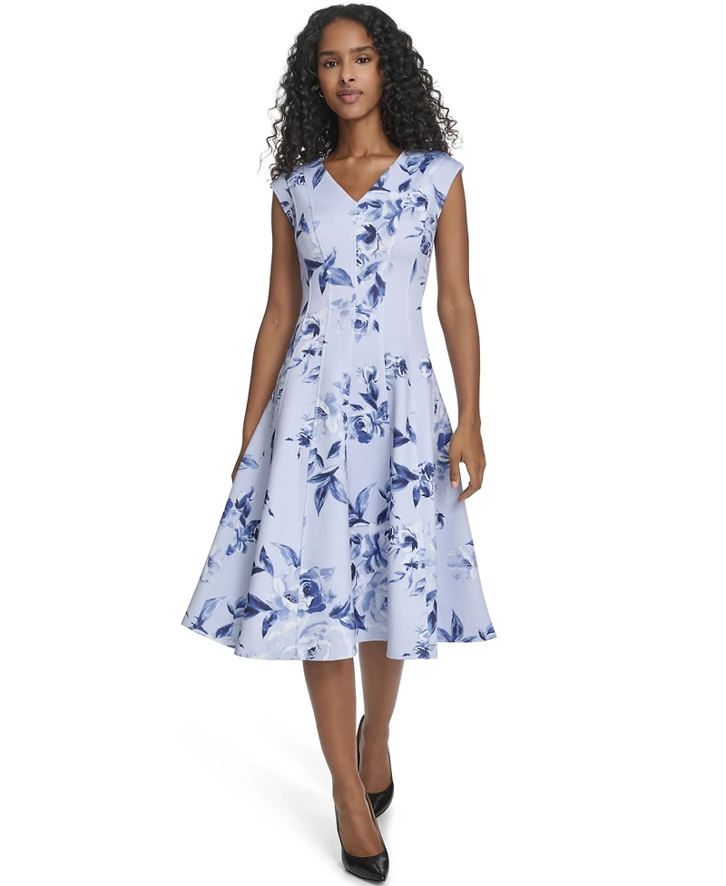 Calvin Klein Women's Printed Fit and Flare V-Neck Dress