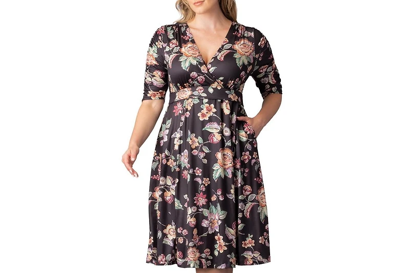 Kiyonna Plus Gabriella Ruched Sleeve Midi Dress with Pockets