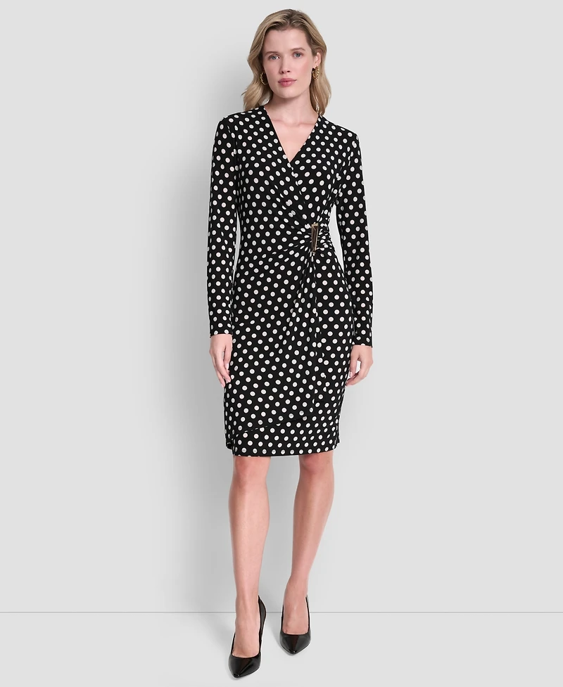 Dkny Women's Long Sleeve Faux Wrap Polka Dot Knee Length Dress