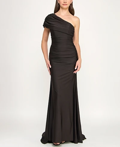 B Darlin Juniors' One-Shoulder Draped Floor-Sweeping Gown