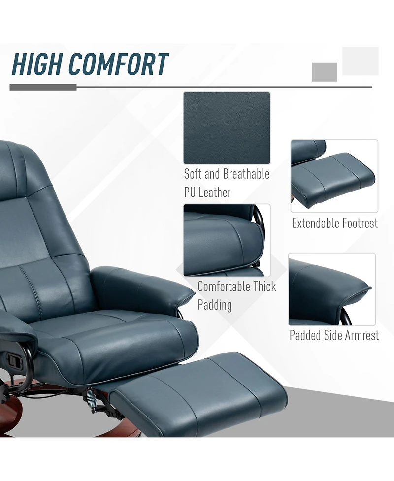 Homcom Faux Leather Reclining Lounge Chair Swivel Recliner Sofa Seat w/ Wood Base Blue