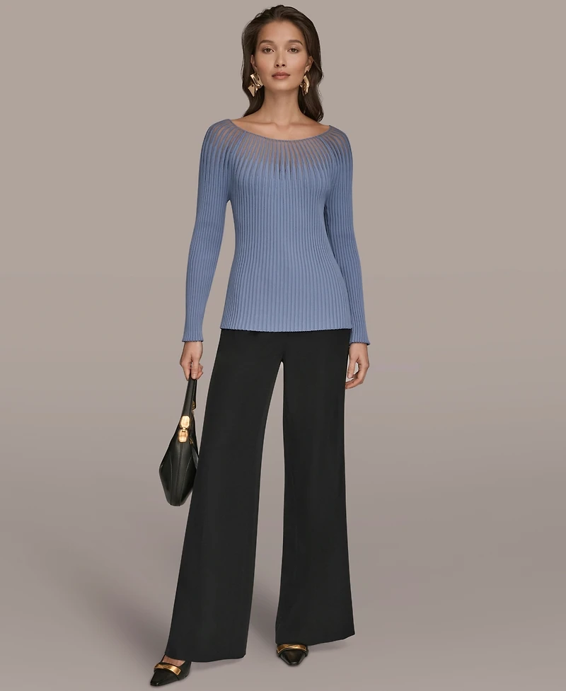 Donna Karan New York Women's Collared Knit Long Sleeve Boat Neck Sweater