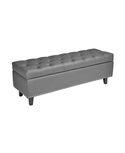 Pu Leather Storage Ottoman Bench Gray with Button-Tufted Design and Wooden Legs