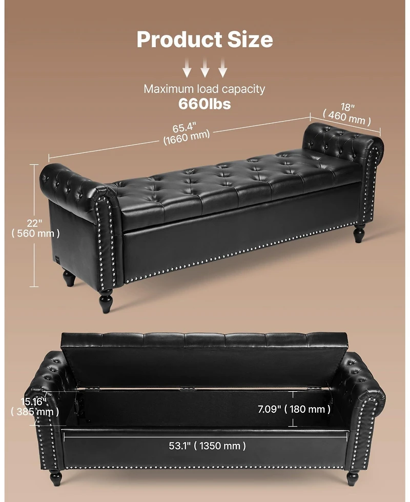 Slickblue Black Button-Tufted Storage Ottoman Bench with Rolled Arms and Wood Legs