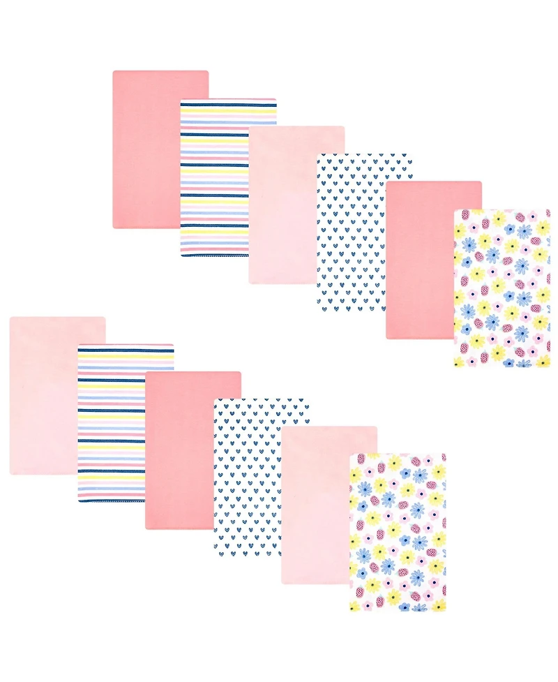 Hudson Baby Infant Girls Cotton Flannel Burp Cloths 12-Pack Bundle, Flowers And Strawberries, One Size