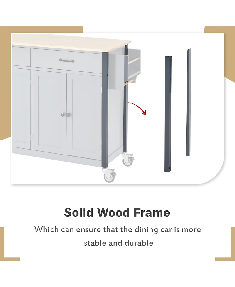 sumyeg 54.3inch Kitchen Island Cart with Solid Wood Top, Locking Wheels, 4-Door Cabinet, Two Drawers, Spice Rack and Towel Rack for Dining Room