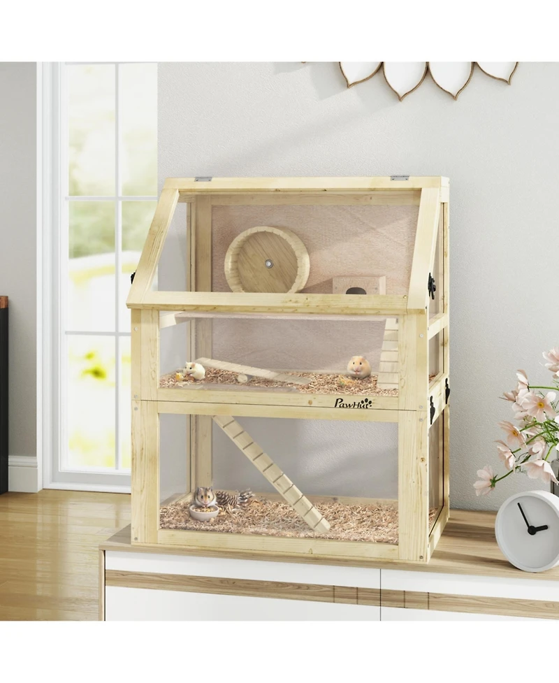 PawHut 3 Tiers Wooden Hamster Cage w/ Detachable Bottom, 24" x 16" x 29.5"