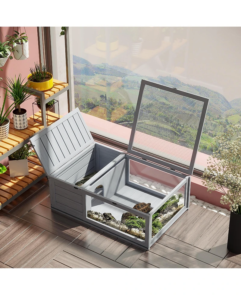 PawHut Wooden Tortoise House Turtle Habitat Enclosure Outdoor Reptile Cage