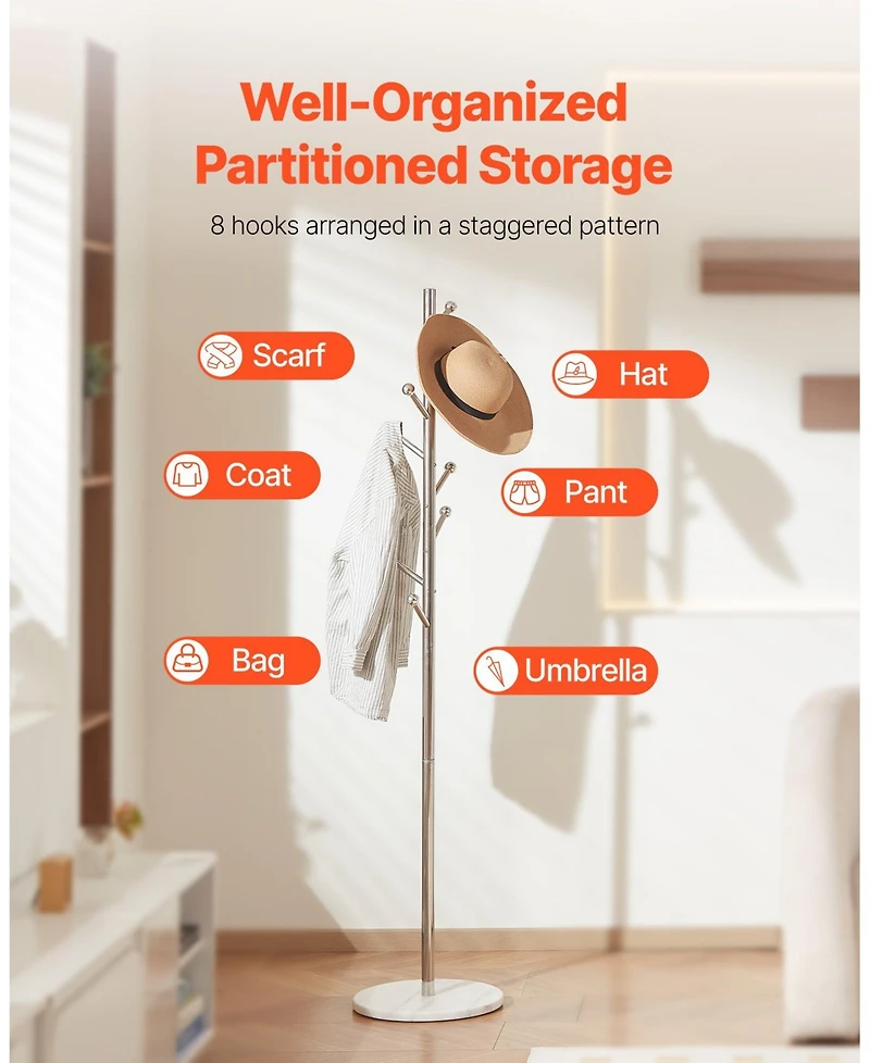 Slickblue Marble Base Coat Rack Stand with 8 Hooks, Freestanding Design