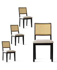 Maison Boucle 5-Piece Black Round Dining Set, Mdf Table with Faux Rattan Back Chairs and Upholstered Seats Apartment Small Room-Maison