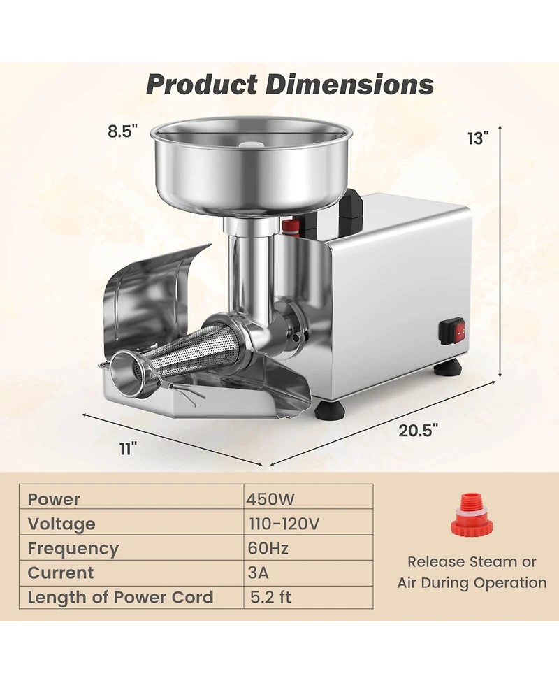 450W Electric Tomato Strainer Grade Stainless Steel Saucer Maker