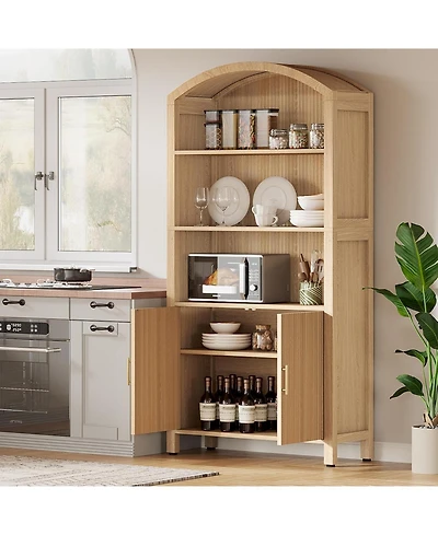 Tribesigns 71" Tall Arched Kitchen Pantry Cabinet with Doors, Fluted Modern 5-Tier Storage Cabinet with Open Shelves
