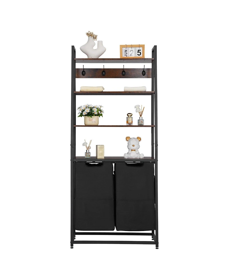 Slickblue Laundry Hamper with 4 Tiers, 2 Compartments, Shelves, and Hooks