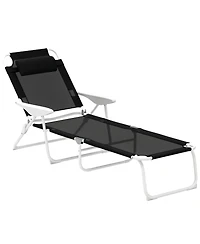 Outsunny Folding Chaise Lounge, Outdoor Sun Tanning Chair, Four-Position Reclining Back, Armrests, Iron Frame & Mesh Fabric for Beach, Yard, Patio, Bl