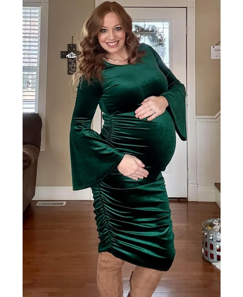 Pinkblush Maternity Forest Green Velvet Ruched Bell Sleeve Dress