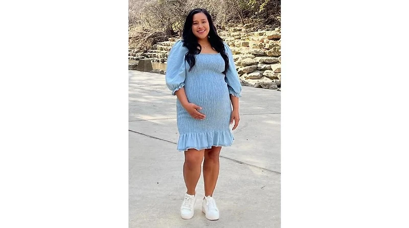 Pinkblush Maternity Light Blue Square Neck Smocked Denim Dress