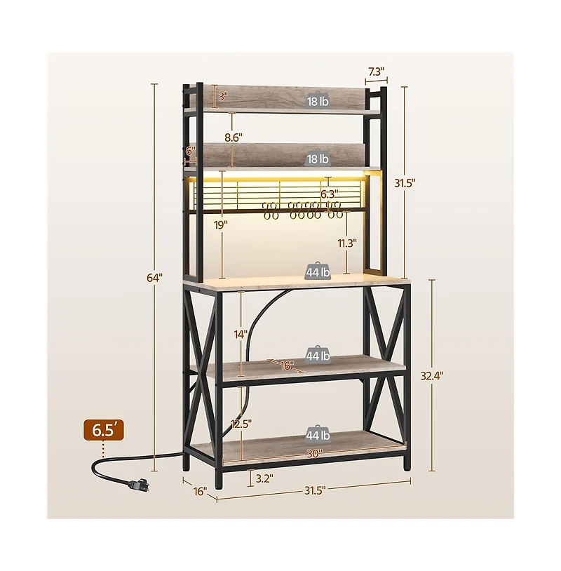 Yaheetech 5-Tier Engineered Wood and Metal Baker s Rack with Power Outlets