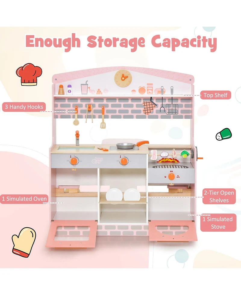 Skonyon Double-Sided Kids Play Kitchen Set with Canopy and 2 Seats