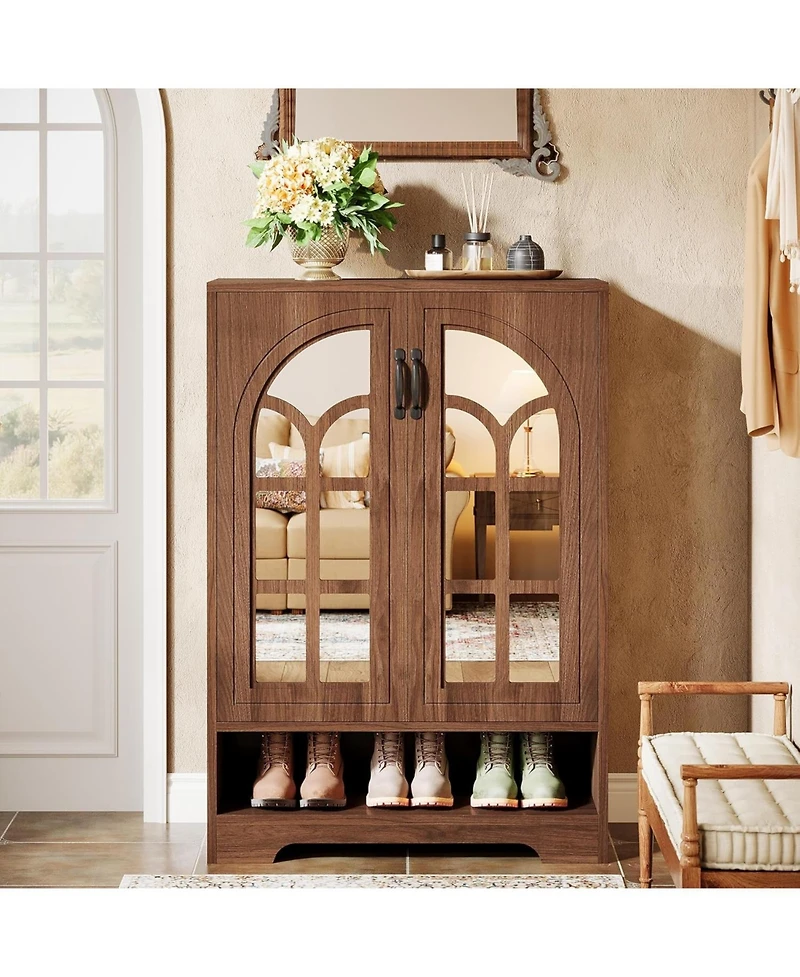 Tribesigns Brown Shoe Cabinet with Mirrored Doors, Adjustable Shelves