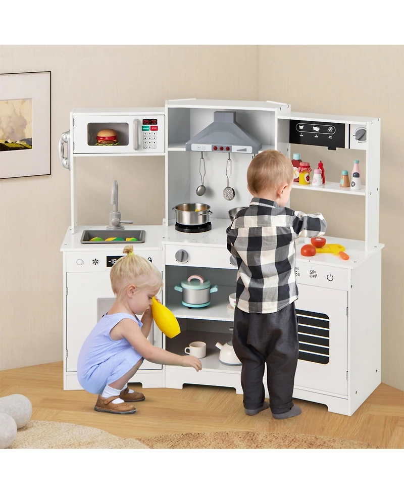 Sugift Pretend Play Kitchen Wooden Toy Set with Range Hood Real Sounds and Lights-White