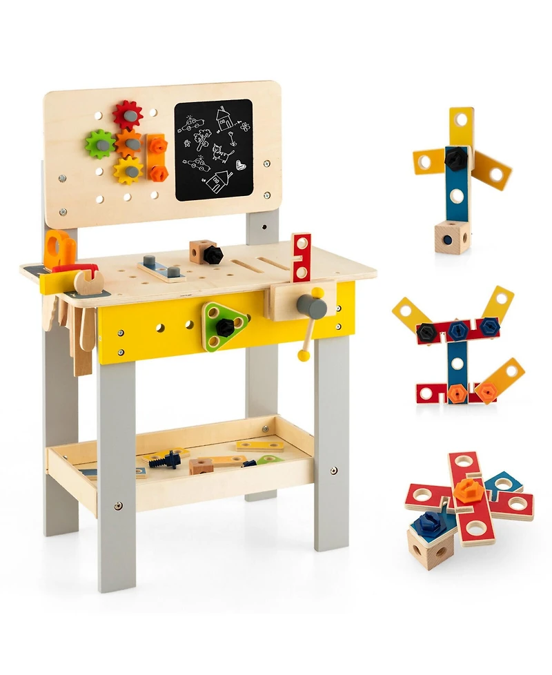 Sugift Wooden Pretend Play Workbench Set with Blackboard for Toddlers Ages 3+