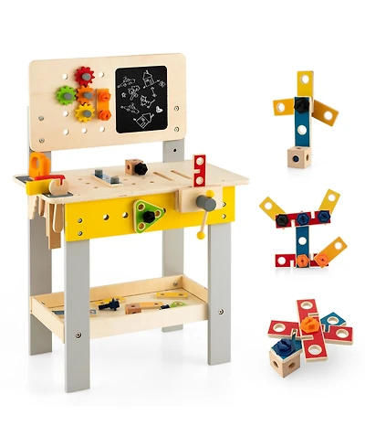 Sugift Wooden Pretend Play Workbench Set with Blackboard for Toddlers Ages 3+