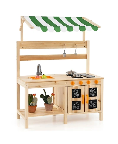Mud Kitchen Fir Wood Play Kitchen with Canopy and Sink and 4 Stoves-Natural