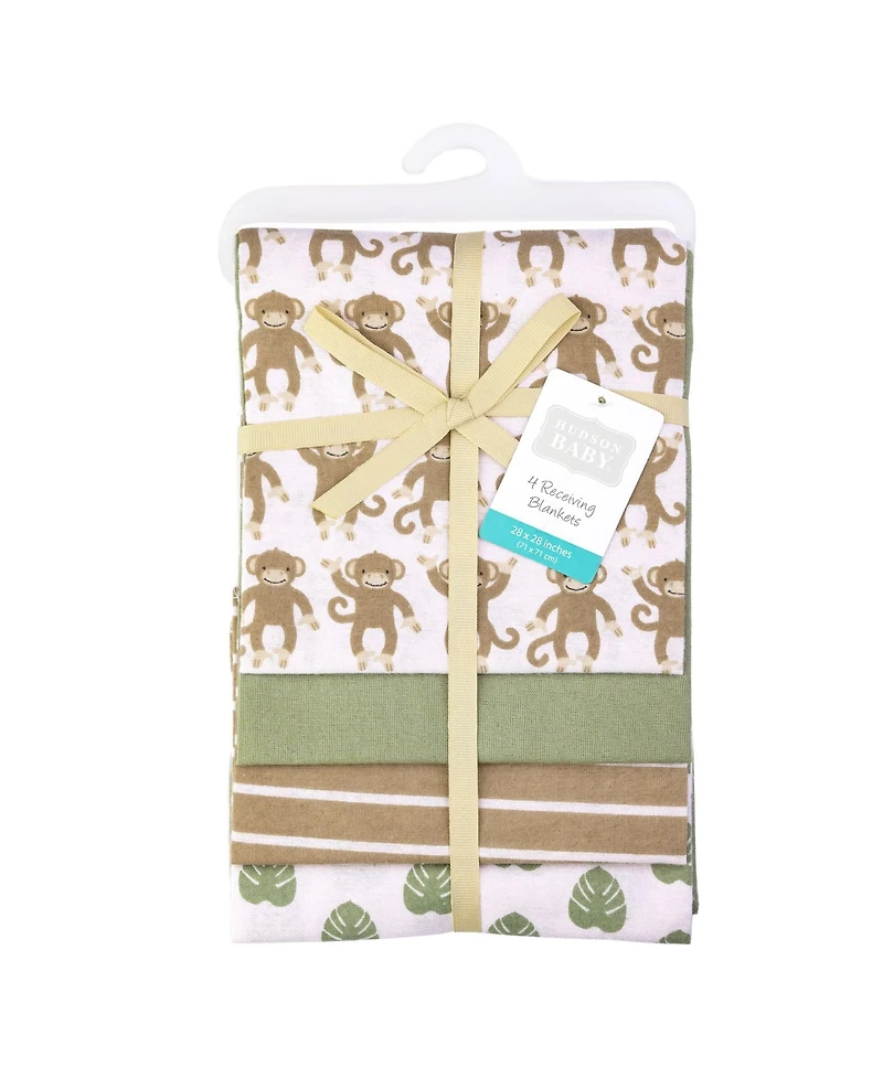 Hudson Baby Infant Boys Cotton Flannel Receiving Blankets 4-Pack, Monkey, One Size