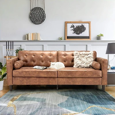 Aecojoy Faux Leather Sofa, 84.2-Inch Mid Century Modern 3-Seater Couch with 2 Bolster Pillows