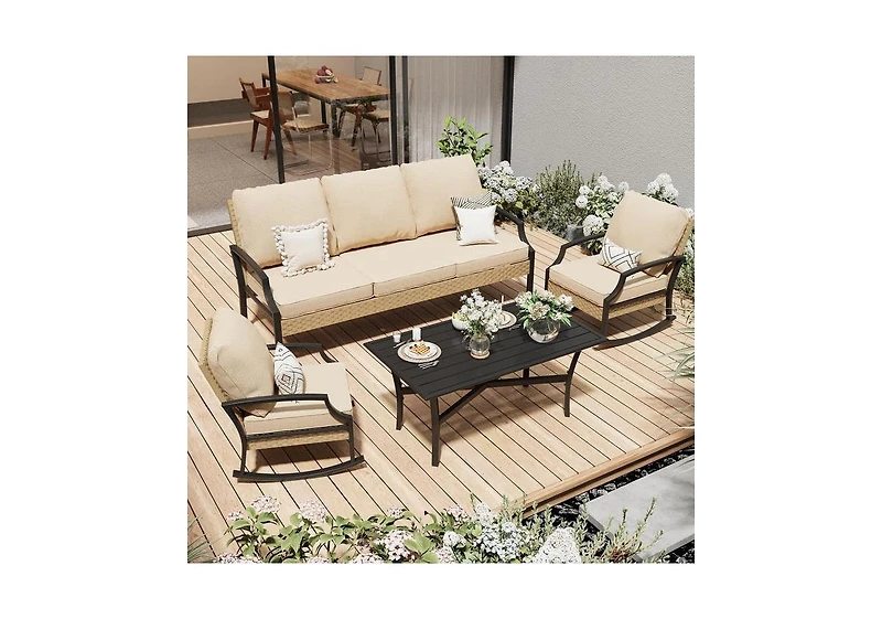 Aecojoy Outdoor Patio Furniture Set with Rocking Chair, 4 Piece Rattan Conversation Bistro Set with Coffee Table