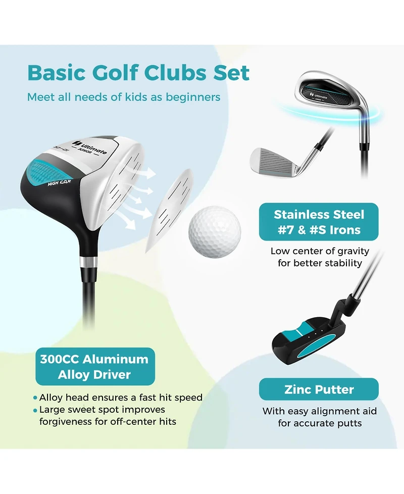 Sugift Junior Complete Golf Club Set for Kids with Rain Hood Right Hand Children Golf Age 8-10 Years Old-Blue