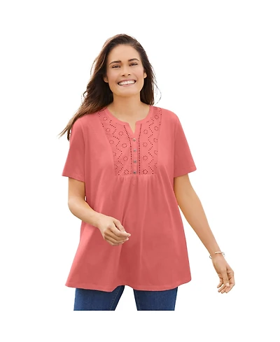 Woman Within Plus Size Eyelet Henley Tee