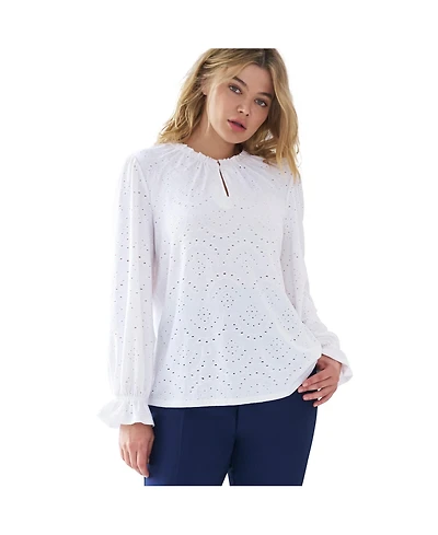 ellos Women's Long Sleeve Knit Eyelet Top With Keyhole Neckline