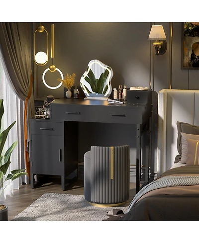 Aheaplus Makeup Vanity Desk with 4 Drawers and Cabinet, Dressing Table Outlets for Small Space