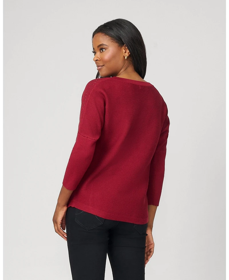 Cable & Gauge Women's Ribbed Dolman Sweater with Hotfix Detail