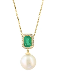 Effy Collection Freshwater Pearl (10mm), Diamond and Emerald Pendant Necklace (1/10 ct. t.w.) in 14k Yellow Gold