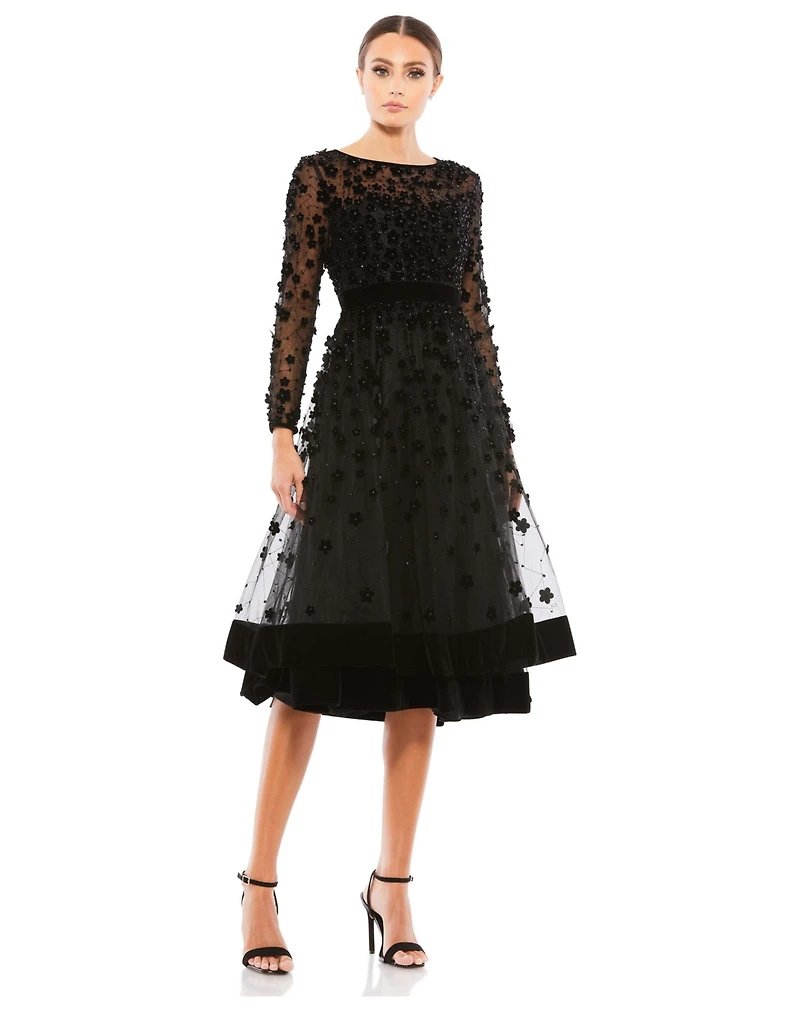Women's Embellished Illusion High Neck Long Sleeve Fit & Flare Dress