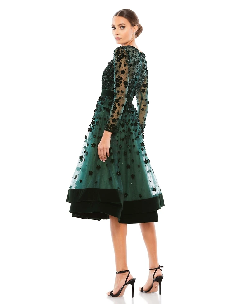 Women's Embellished Illusion High Neck Long Sleeve Fit & Flare Dress