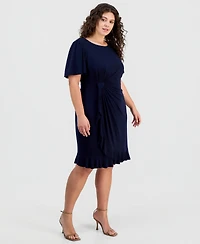 Connected Plus Round-Neck Drape-Front Flutter-Sleeve Dress