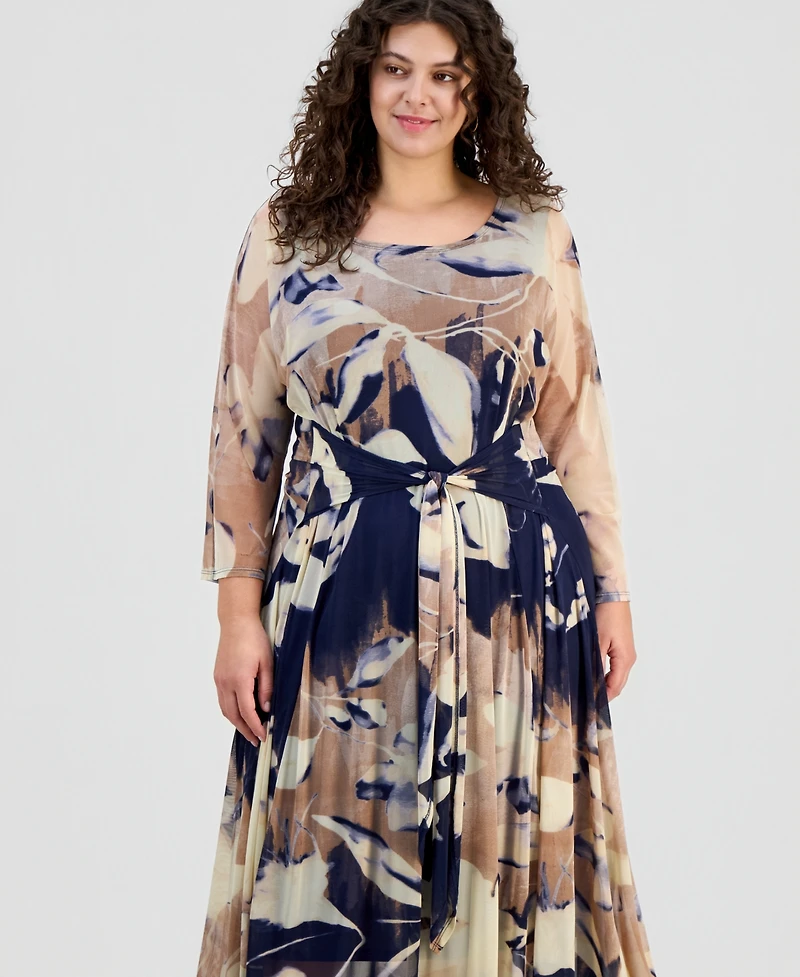 Robbie Bee Plus Size Printed Round-Neck Midi Mesh Dress