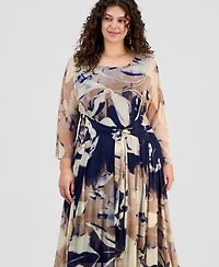 Robbie Bee Plus Size Printed Round-Neck Midi Mesh Dress