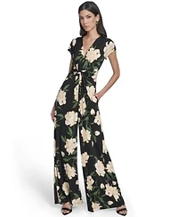 Vince Camuto Womens Printed Twist Front V Neck Jumpsuit
