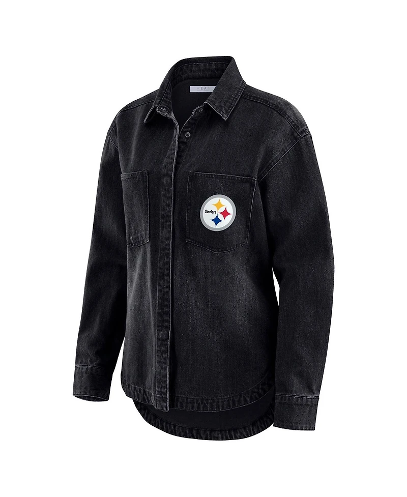 Wear by Erin Andrews Women's Black Pittsburgh Steelers Washed Oversized Denim Full-Snap Shacket