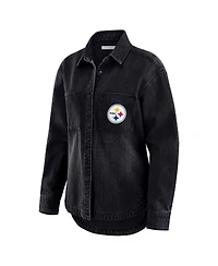 Wear by Erin Andrews Women's Black Pittsburgh Steelers Washed Oversized Denim Full-Snap Shacket